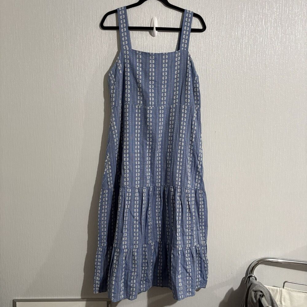 Madewell Blue White Embroidered Dress Button Back 100% Cotton Cottage size 12